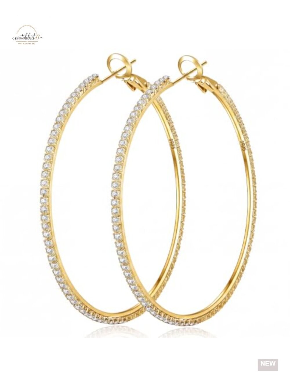 2mm Thin Sterling Silver Hoop Earrings Large Rhinestone CZ Dangle